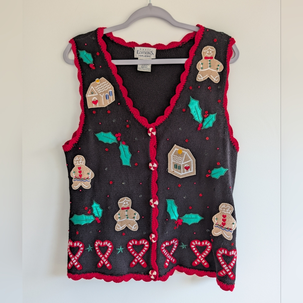 Basic Editions Holiday Vest - Black with Red and Green Details